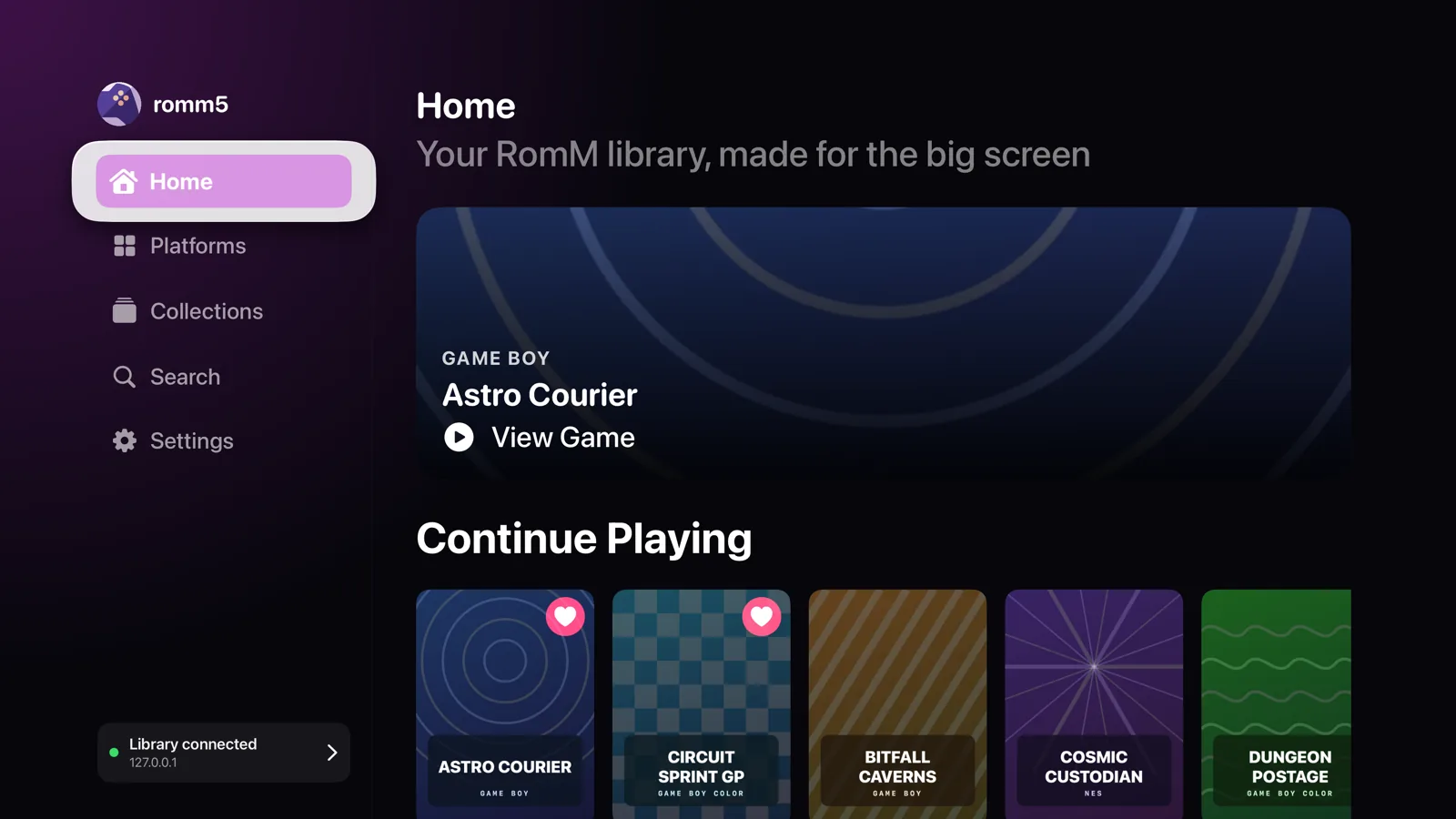 The romm5 library on Apple TV: a sidebar with Home, Platforms, Collections, Search, and Settings next to shelves of homebrew game covers under Continue Playing and Recently Added