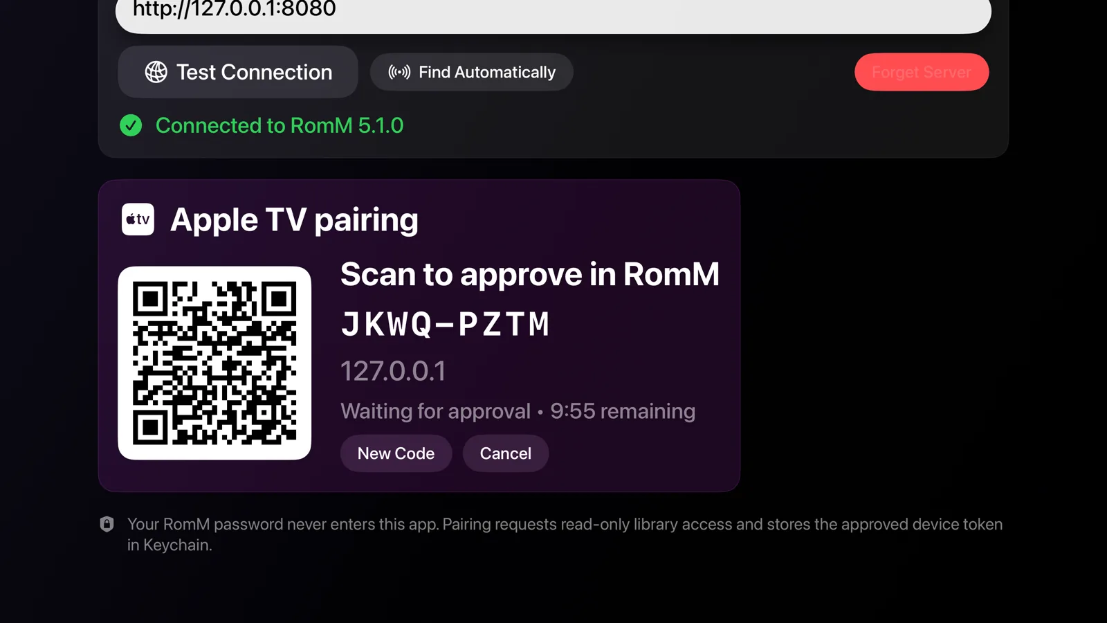 The romm5 pairing screen on Apple TV showing a QR code and the short code JKWQ-PZTM, waiting for approval from another device